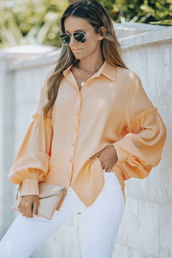 Button Front Bubble Sleeve Frill Trim Blouse on Sale