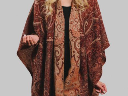 Sevya Jamevar Wool & Cotton Poncho Maroon Fashion