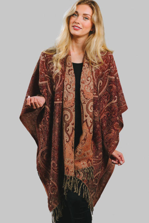 Sevya Jamevar Wool & Cotton Poncho Maroon Fashion