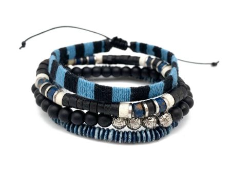 Anju Aadi Bracelet Bundle Blue Thread and Wood Beads and Leather For Sale