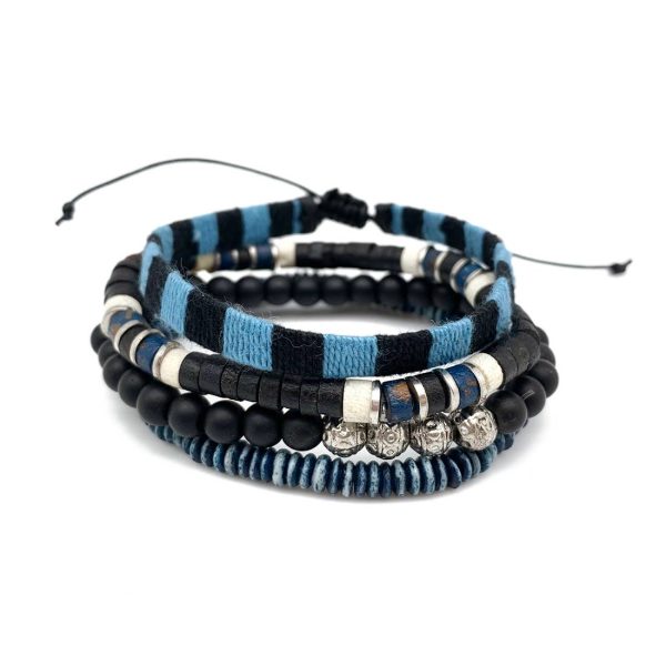 Anju Aadi Bracelet Bundle Blue Thread and Wood Beads and Leather For Sale