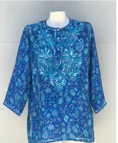 Women s Embroidered Silk Tunic Top in Turquoise Blue Hot on Sale