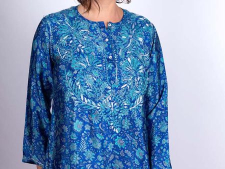 Women s Embroidered Silk Tunic Top in Turquoise Blue Hot on Sale