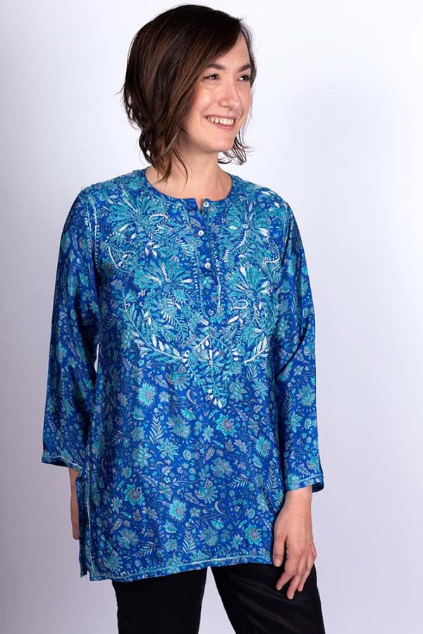 Women s Embroidered Silk Tunic Top in Turquoise Blue Hot on Sale