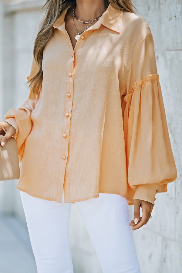 Button Front Bubble Sleeve Frill Trim Blouse on Sale