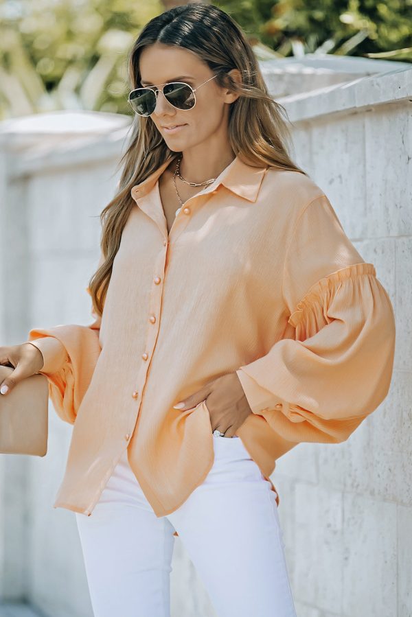 Button Front Bubble Sleeve Frill Trim Blouse on Sale