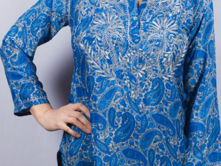 Women s Embroidered Cotton Tunic Top in French Blue For Cheap