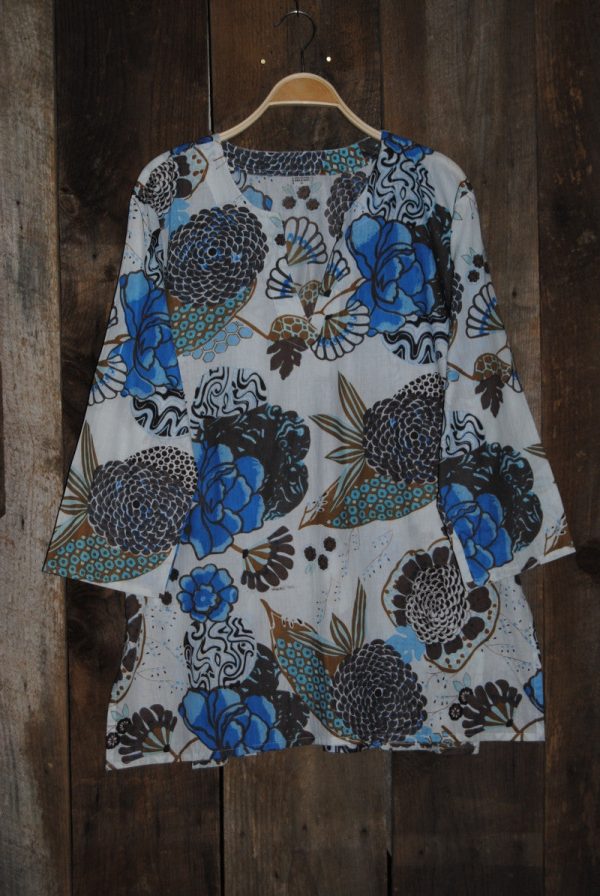 Cotton Tunic Top Blue Mums on White on Sale