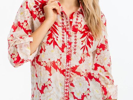 Floral Printed Shirt with Embroidery Red Cheap