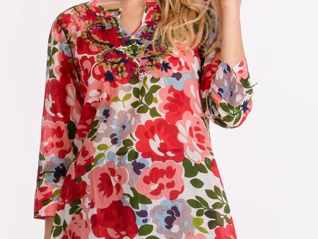 Vintage Floral Tunic with Embroidery Red Online now