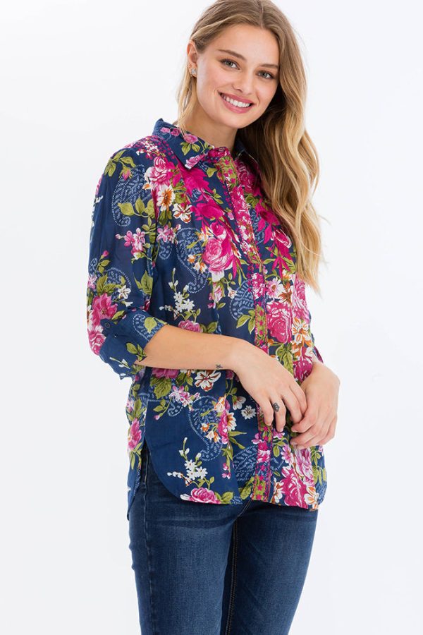 Floral Printed Shirt with Embroidery Fuchsia For Cheap