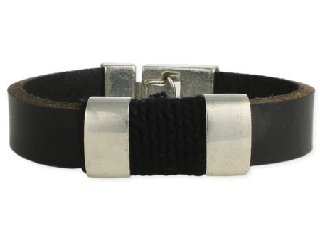 Black Leather & Silver Bars Men s Bracelet For Sale