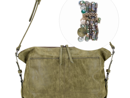 Beaded Stretch Bracelet and Slouchy Bag Gift Set in Khaki Green on Sale