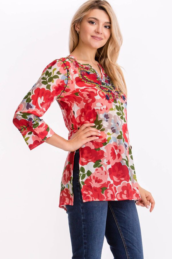 Vintage Floral Tunic with Embroidery Red Online now