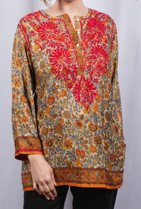 Women s Embroidered Silk Tunic Top in Red Online