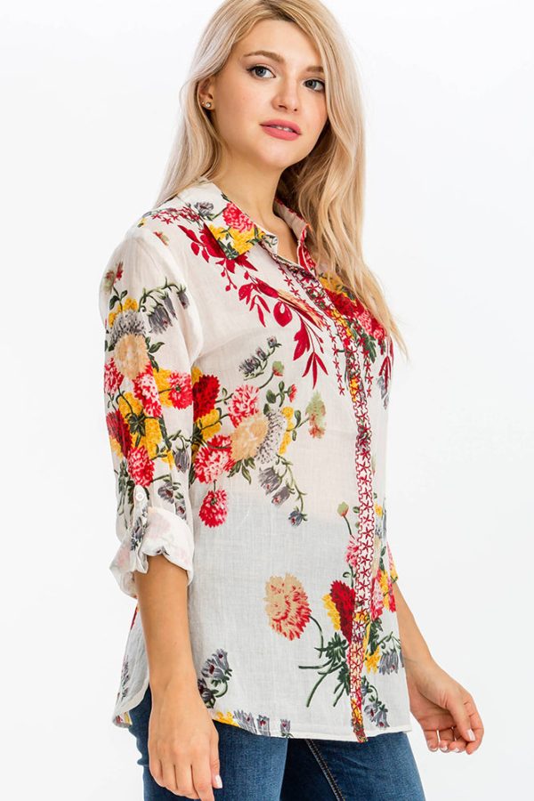 Floral Printed Shirt with Embroidery White and Red For Cheap