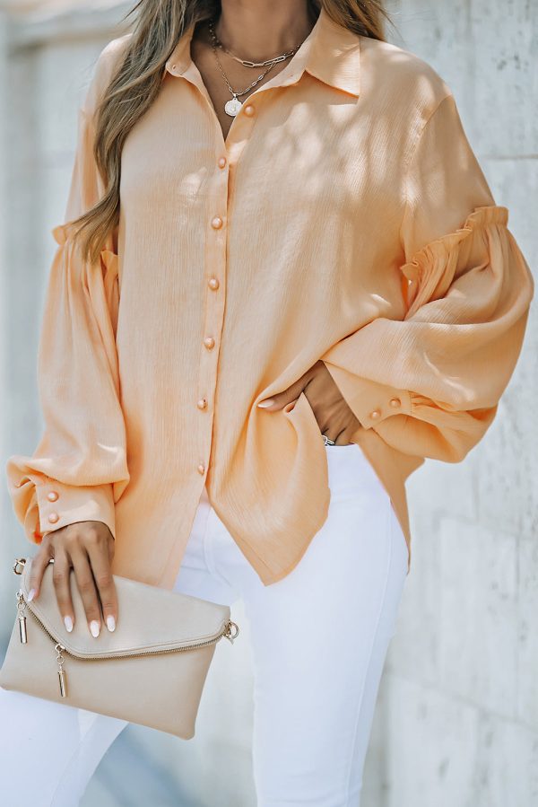 Button Front Bubble Sleeve Frill Trim Blouse on Sale