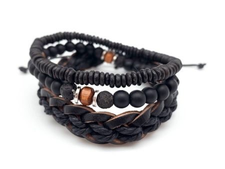 Anju Aadi Bracelet Bundle Black Stone and Wood Beads and Leather Hot on Sale