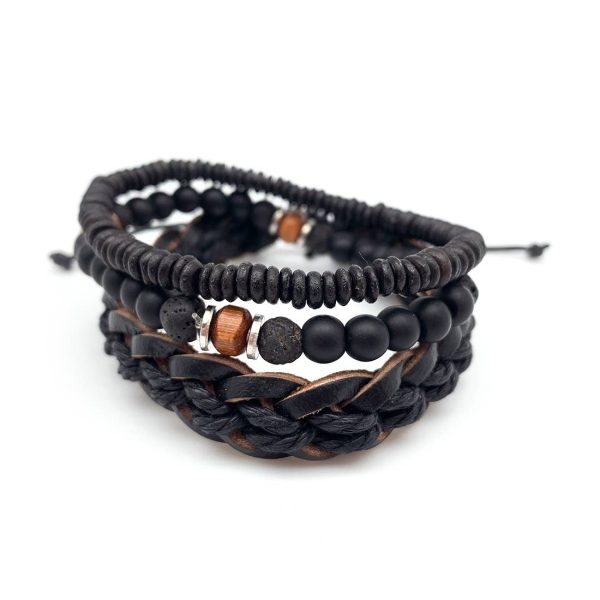 Anju Aadi Bracelet Bundle Black Stone and Wood Beads and Leather Hot on Sale