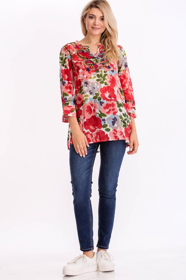 Vintage Floral Tunic with Embroidery Red Online now