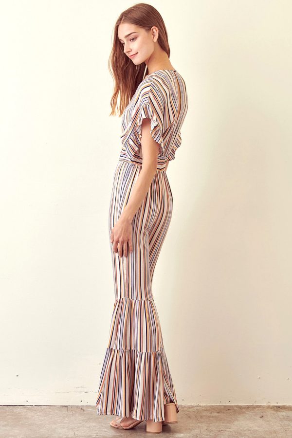 Storia Striped Jumpsuit Ruffled Bell Bottom Online now