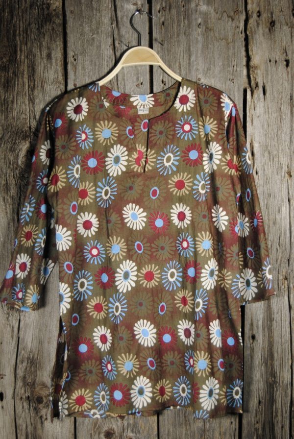 Green Khaki Cotton Tunic Top with Bright Floral Fashion