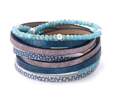 Aqua Bead Leather Bracelet Discount