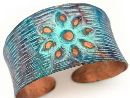 Anju Copper Patina Rustic Flower Copper Patina Bracelet For Sale