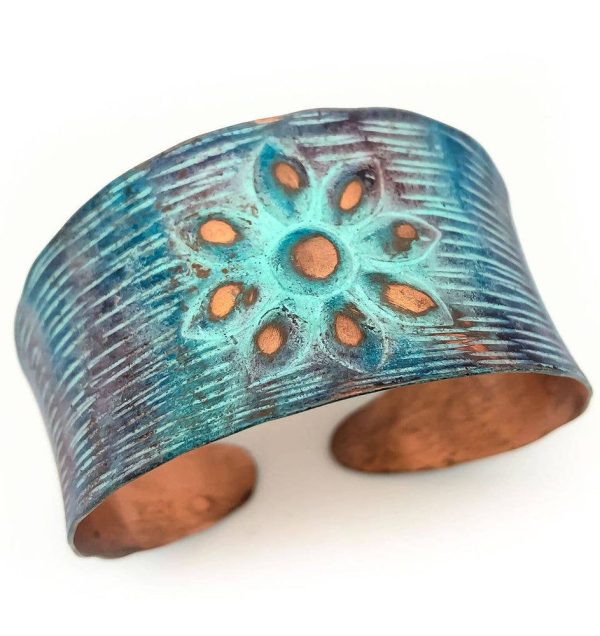 Anju Copper Patina Rustic Flower Copper Patina Bracelet For Sale