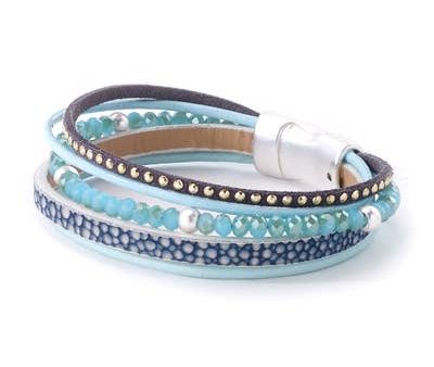 Thin Aqua Bead Leather Bracelet For Discount