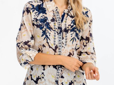 Floral Printed Shirt with Embroidery Navy Fashion