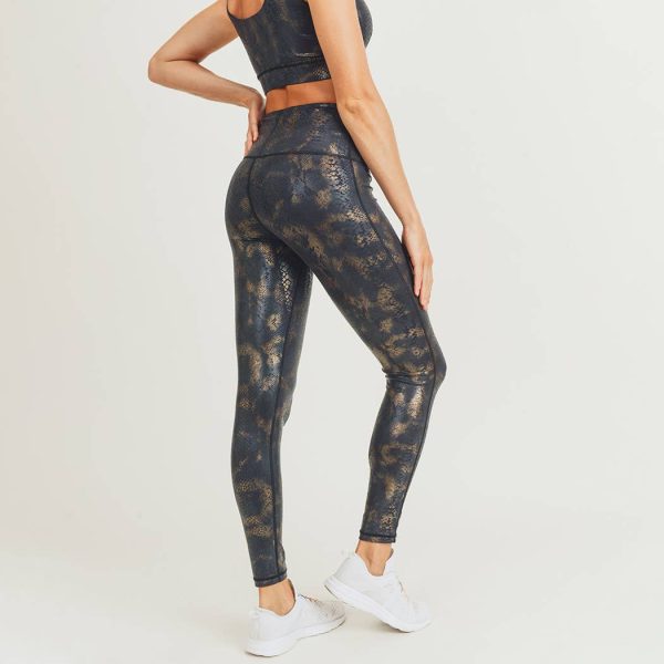 Mono B Black Gold Snake Foil Print Highwaist Leggings Hot on Sale