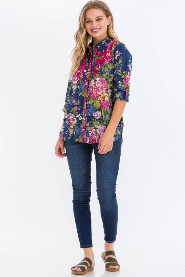 Floral Printed Shirt with Embroidery Fuchsia For Cheap