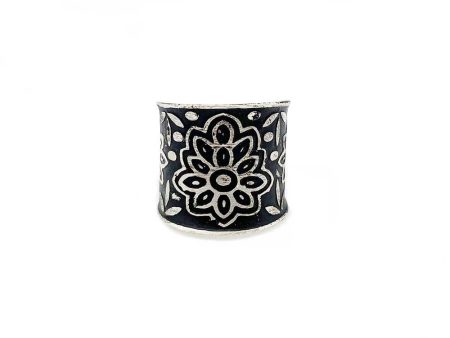 Anju Silver Patina Ring in Black Floral Pattern Sale