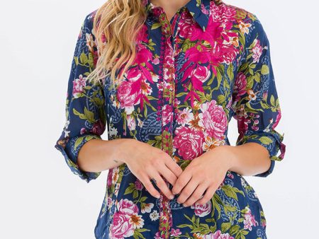 Floral Printed Shirt with Embroidery Fuchsia For Cheap