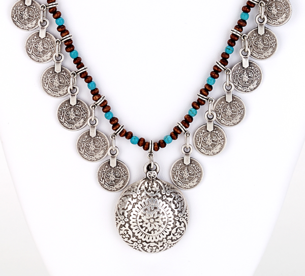 Turquoise Beaded Coin Long Necklace Online