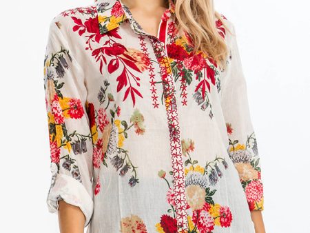 Floral Printed Shirt with Embroidery White and Red For Cheap