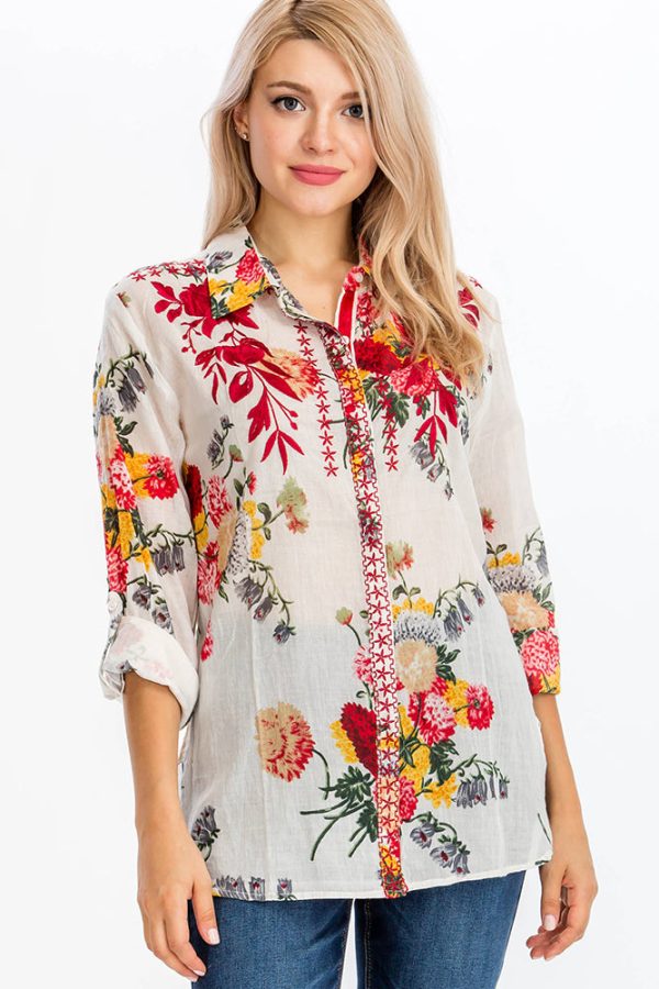 Floral Printed Shirt with Embroidery White and Red For Cheap