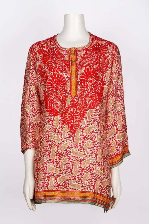 Dolma Women s Embroidered Silk Tunic Top in Red Sale