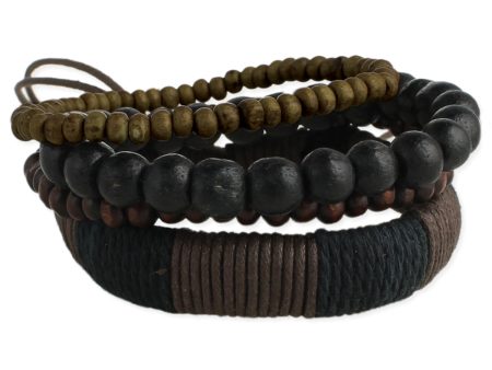 Set of 4 Wood & Cord Wrap Men s Bracelet Online now