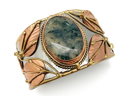 Anju Mixed Metal and Moss Agate Stone Cuff Bracelet Online