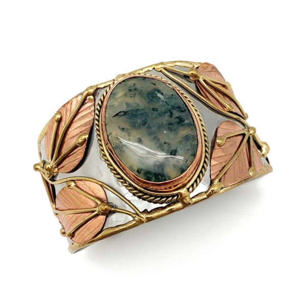 Anju Mixed Metal and Moss Agate Stone Cuff Bracelet Online