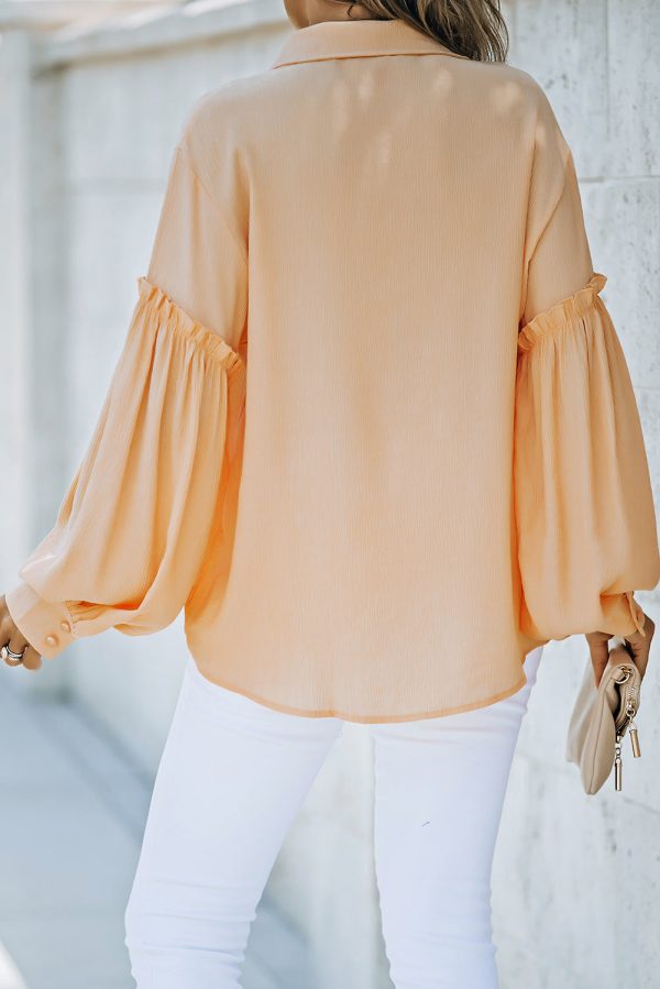 Button Front Bubble Sleeve Frill Trim Blouse on Sale