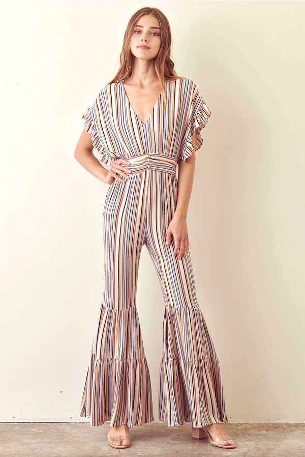 Storia Striped Jumpsuit Ruffled Bell Bottom Online now