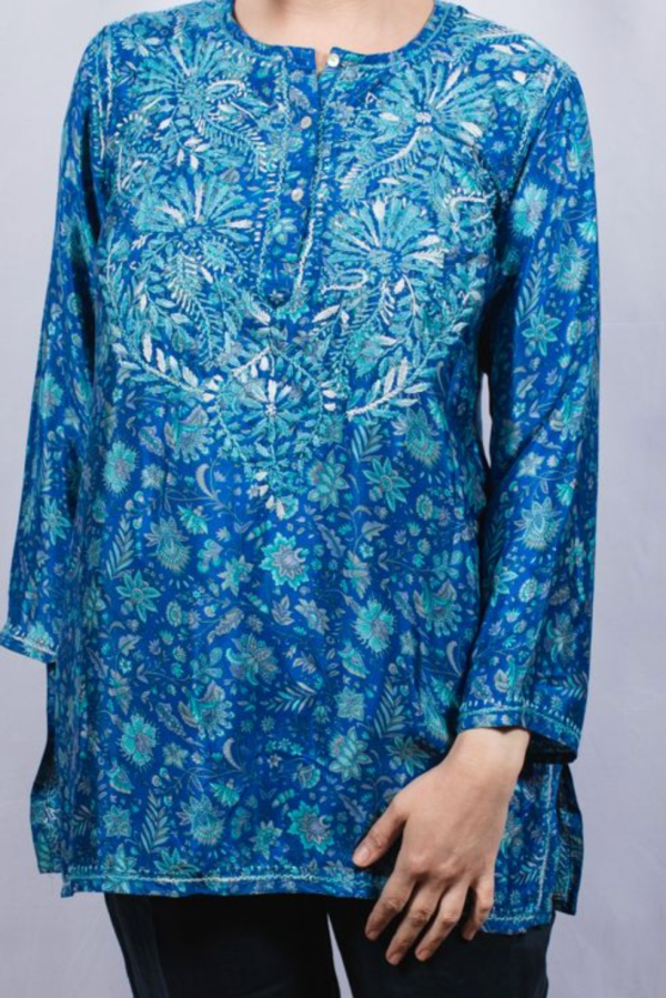 Women s Embroidered Silk Tunic Top in Turquoise Blue Hot on Sale